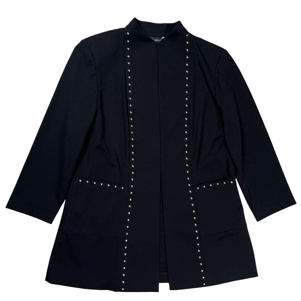 Ming Wang Studded Open Front Jacket Womens Small Black 3/4 Sleeve‎ Knit Academia